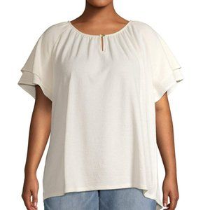 Peasant top textured flutter sleeve 3X plus ivory cream